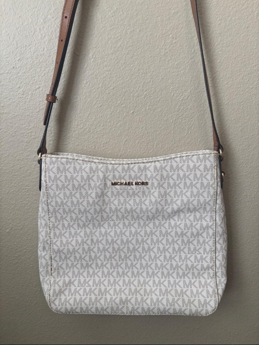Michael Kors Cream Logo Crossbody with Brown Strap